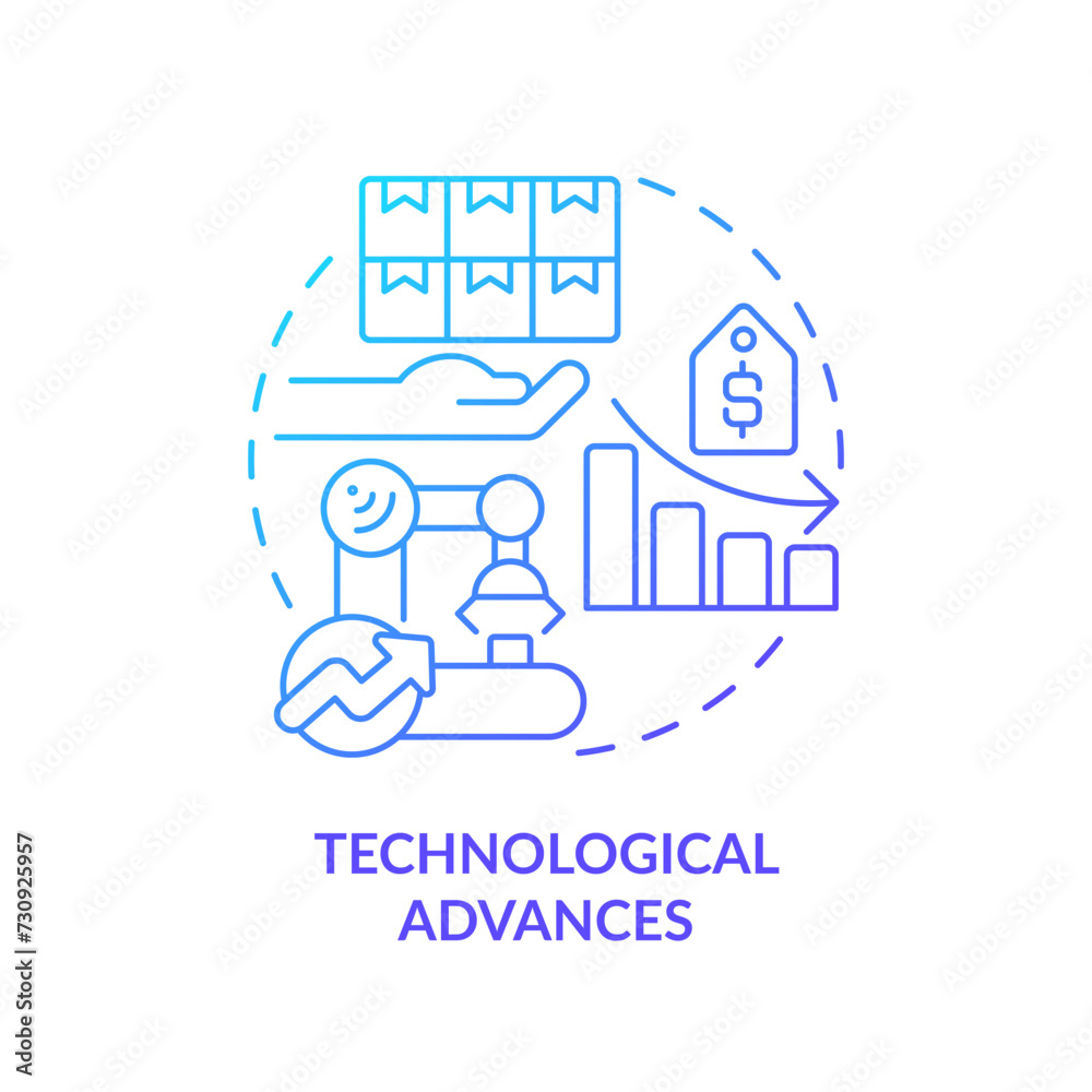 Technological advances blue gradient concept icon. Improve technology, increase production efficiency. Round shape line illustration. Abstract idea. Graphic design. Easy to use in brochure marketing Technological advances blue gradient concept icon. Improve technology, increase production efficiency. Round shape line illustration. Abstract idea. Graphic design. Easy to use in brochure marketing