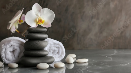 Composition of spa settings with orchid on gray background  spa stones  towels and orchid on grey