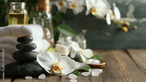 Composition of spa settings with orchid on gray background, spa stones, towels and orchid on grey