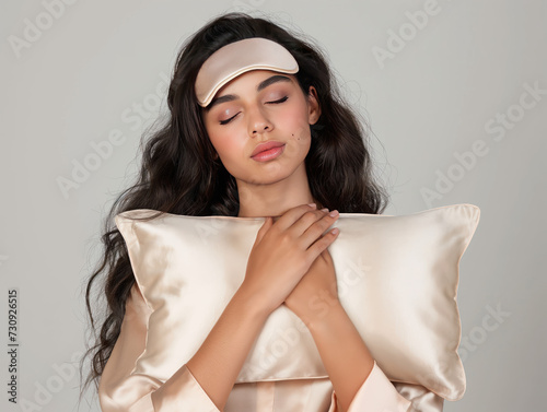 Woman in pajamas hugging pillow before sleeping, beautiful hispanic girl with closed eyes and sleeping mask preparing to sleep, comfortable bed