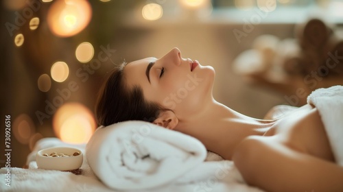 Beautiful young woman enjoying massage in spa. Beauty treatment, skin care elements, wellbeing items.