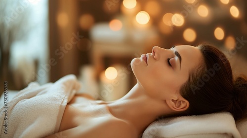 Beautiful young woman enjoying massage in spa. Beauty treatment  skin care elements  wellbeing items.