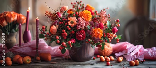 Wallpaper Mural Autumn bouquet with orange and red flowers and berries, arranged in a vintage vase on a wooden table, accompanied by pink tissue and candles. Torontodigital.ca