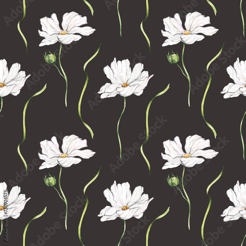 Watercolor seamless pattern with white flowers and leaves on a dark background. Meadow flowers  nature  minimalistic style. Hand drawn print for textile design  print.