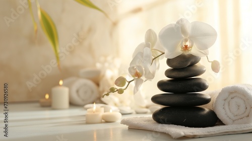 Composition of spa settings with orchid on gray background, spa stones, towels and orchid on grey