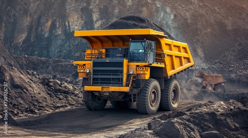 Excavator loads rock formation into the back of a heavy mining dump truck. Large quarry dump truck.