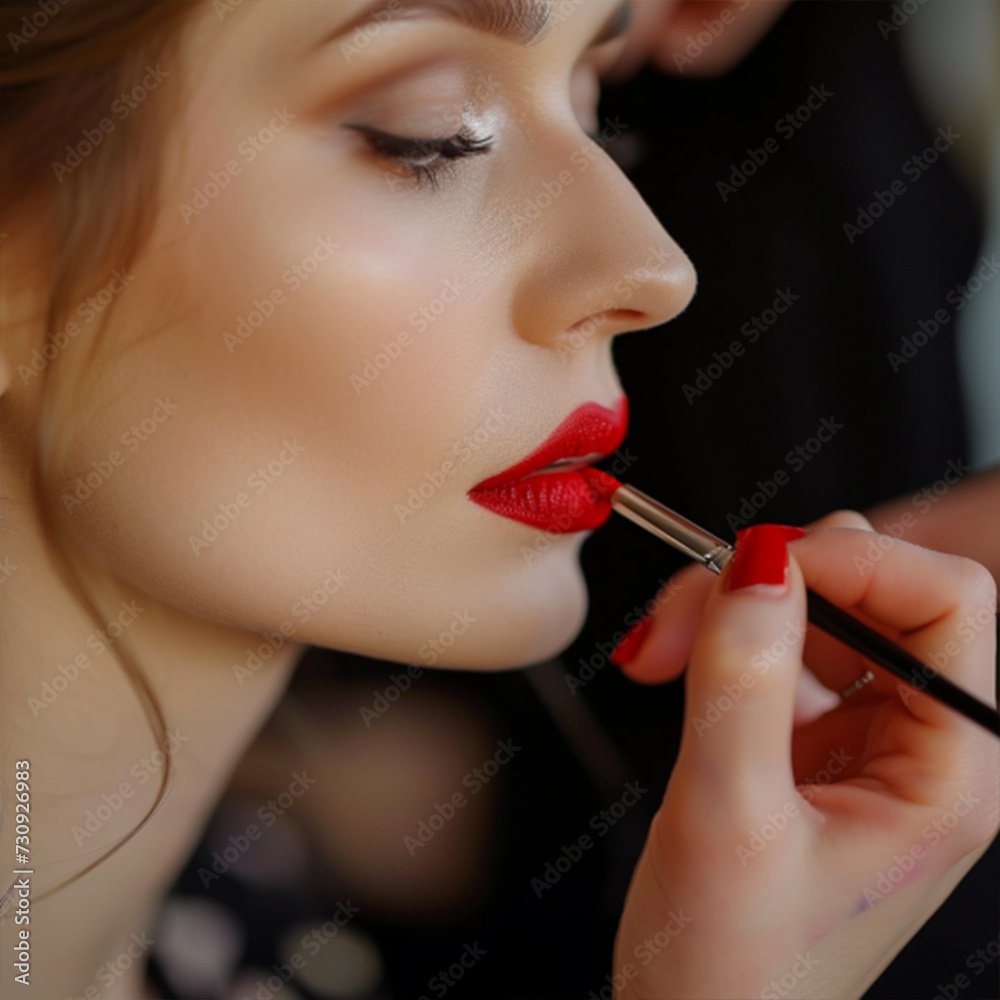 Makeup artist applies red lipstick . Beautiful woman face. Hand of make-up master, painting lips of young beauty model girl . Make up in process ai technology