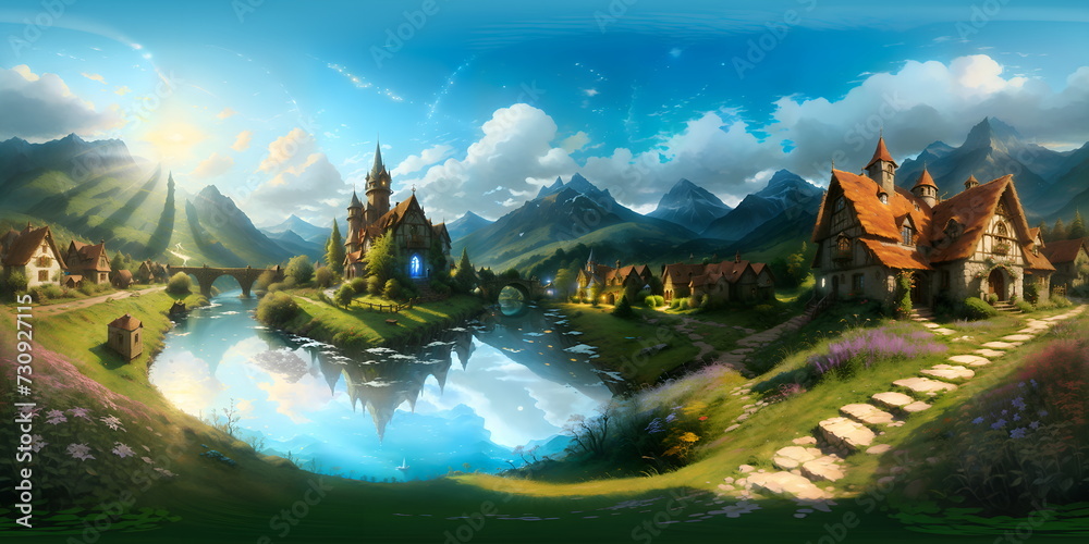 360 panoramic Gothic and fantasy land with rivers and mountains - generative ai, üretken yapay zeka