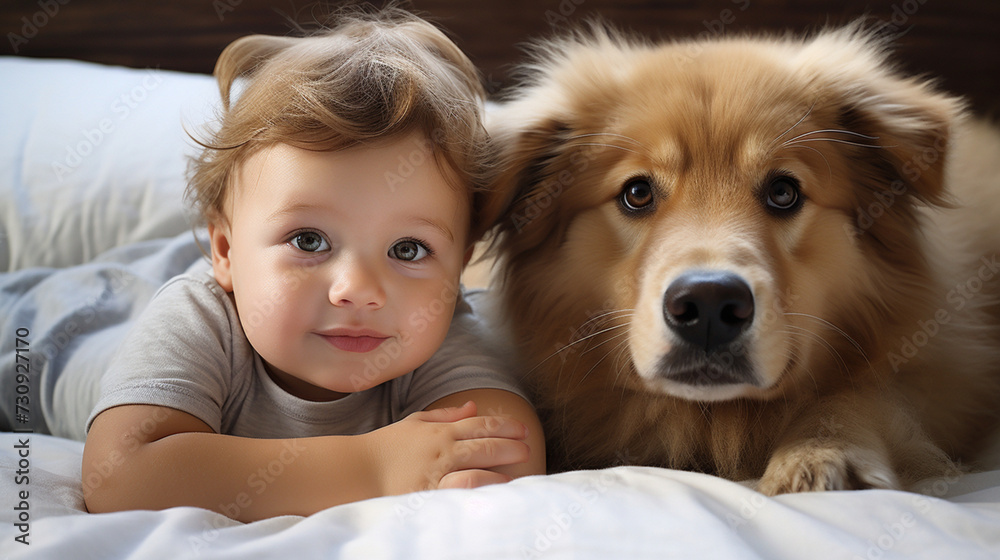 Small child lies on a bed with a dog. Dog and cute baby childhood friendship. Little boy and Dog
