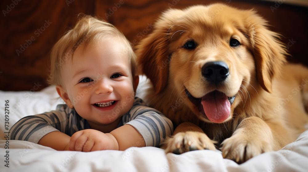 Small child lies on a bed with a dog. Dog and cute baby childhood friendship. Little boy and Dog
