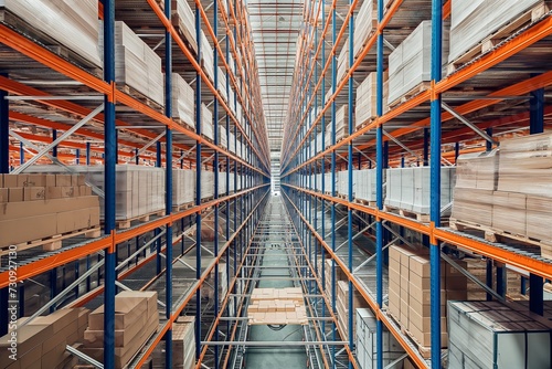 Modern automatized high rack warehouse, distribution warehouse with high shelves