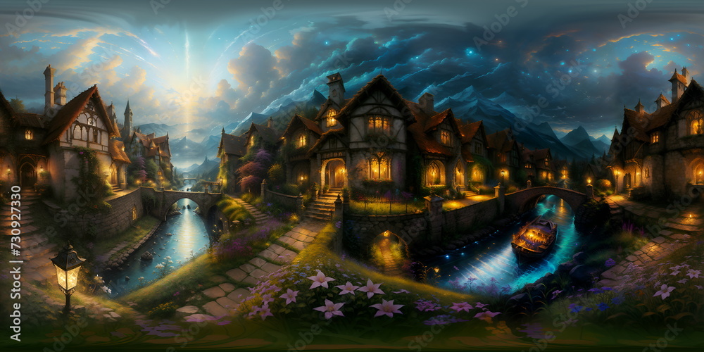Fototapeta premium 360 panoramic Gothic and fantasy land with rivers and mountains - generative ai, üretken yapay zeka