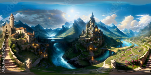 360 panoramic Gothic and fantasy land with rivers and mountains - generative ai, üretken yapay zeka