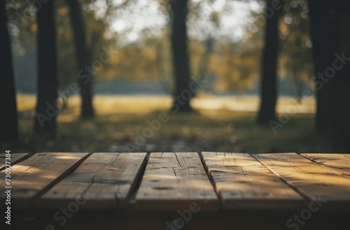 Sunlit wooden tabletop with blurred park background, perfect for product display and mockups