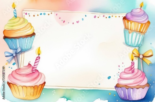 Happy birthday watercolor background. Frame with cupcake and sopy space. photo