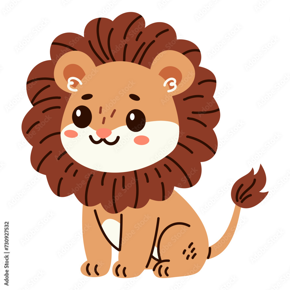Fototapeta premium Flat vector illustration. Safari animals. Cute lion on white background . Vector illustration