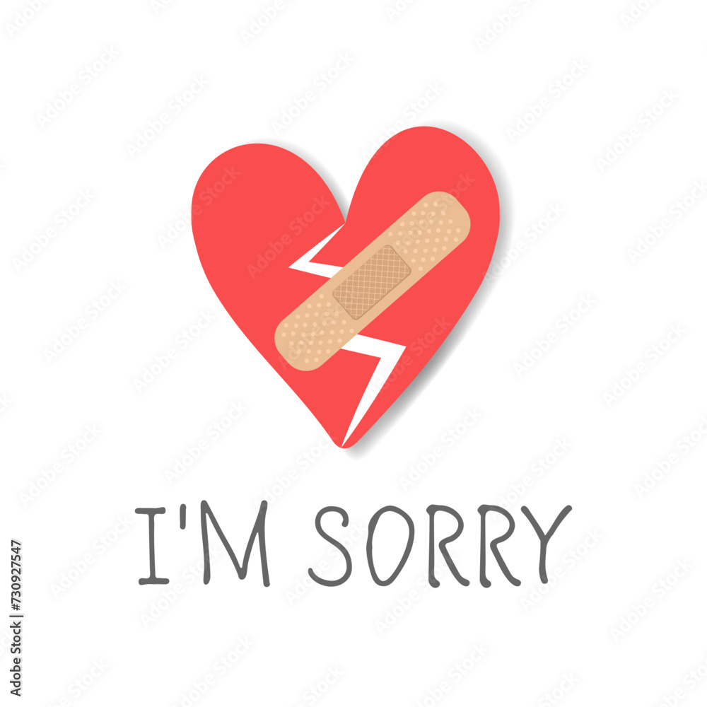 Broken heart with adhesive medical patch. I'm sorry lettering. Breaking up relationships, divorce concept