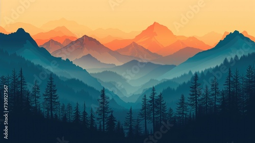 a mountain scene with mountain ranges and trees, in the style of minimalist backgrounds © Yat