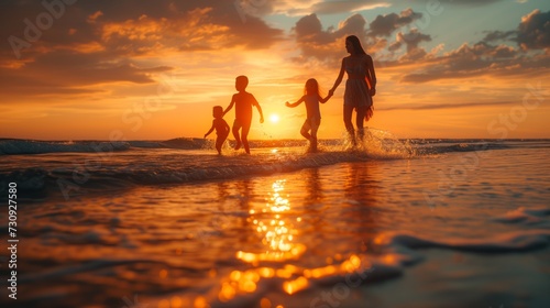 Silhouette of a joyful family playing in the sea waves during a vibrant sunset on the beach... © AIPhoto