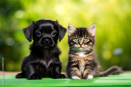 A puppy and kitten are standing side by side in a green grassy area. © MdArif