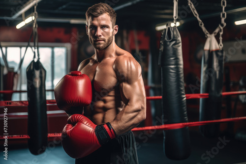 Male Boxer do boxing training with punchbag on gym, bright light