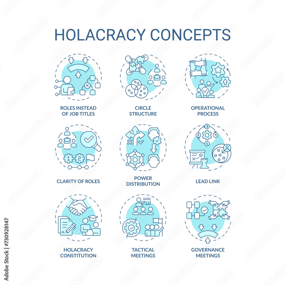 Holacracy structure soft blue concept icons. Power distribution. Operational process. Governance meetings. Icon pack. Vector images. Round shape illustrations for promotional material. Abstract idea