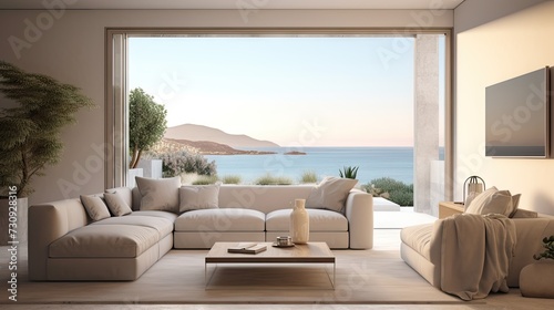 Empty picture frame near beige sofa in large living room of modern house or luxury villa. Cozy home interior with sea view.