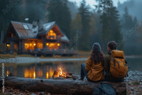 Twilight Serenity by the Lake With a Cozy Cabin and a Couple Enjoying the Campfire
