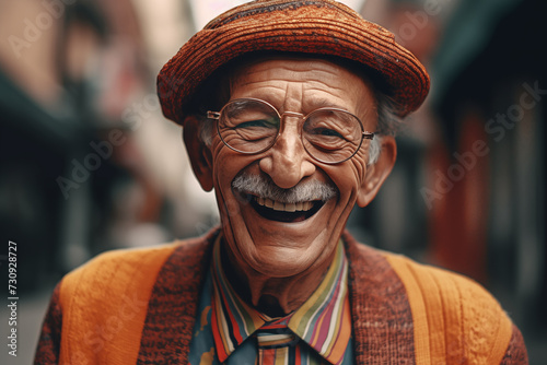 Elderly man with a cheerful smile. Grandfather in glasses and fashionable clothes on vacation. Cheerful retired grandfather in bright clothes. Elderly man with a face smile. Happy pensioner with smile