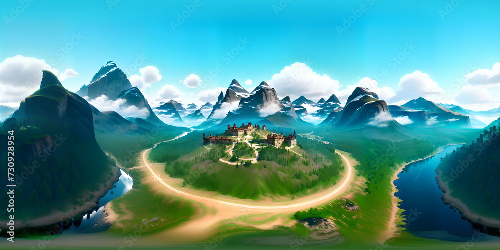 360 panoramic gothic and fantasy land with rivers and mountains - generative ai, üretken yapay zeka