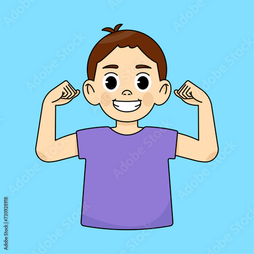 The boy smiles and keeps himself healthy and fit, raises his arms and shows his muscles