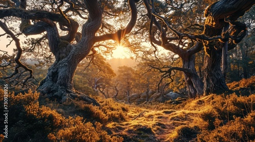 beauty of an forest landscape at sunset, showcasing ancient trees and the soft colors of the setting sun
