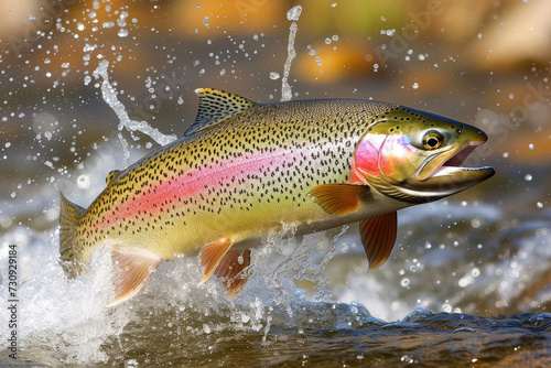 close view of a rainbow trout fish jumping out of river water