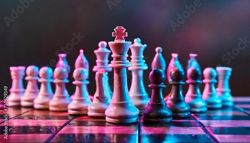 chess pieces on a chessboard on a dark background shot in neon pink blue colors the figure of a chess close up