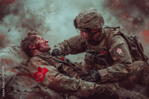 Combat medic dressing wounded soldier providing first aid on battlefield