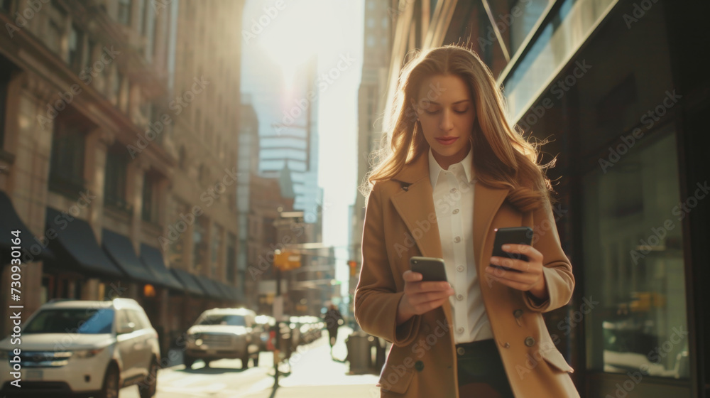 A businesswoman walks down the street and looks at her smartphone 