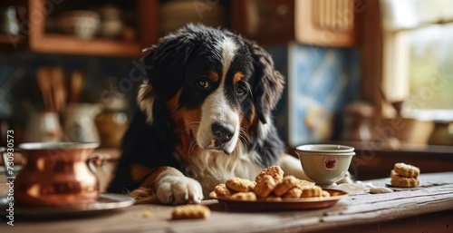 Bernese Mountain Dog enjoying a biscuit, with its distinctive tri-color coat and friendly demeanor, arranged on a dollhouse-inspired kitchen scene photo
