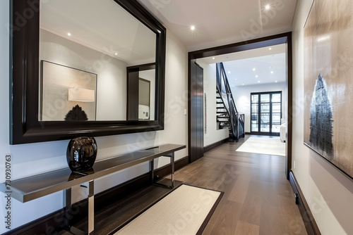 Spacious Hallway With Large Mirror and Bench in Simple Decor