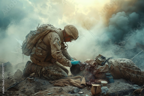 Combat medic dressing wounded soldier providing first aid on battlefield photo