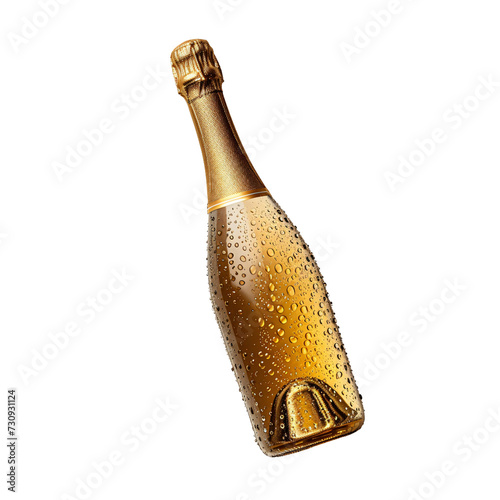 Condensation-Covered Champagne Bottle cutout, isolated on white and transparent Background.Golden-capped champagne bottle