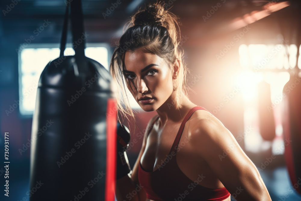 Female Boxer do boxing training with punchbag on gym