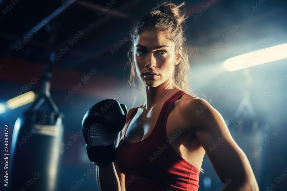 Fototapeta premium Female Boxer do boxing training with punchbag on gym