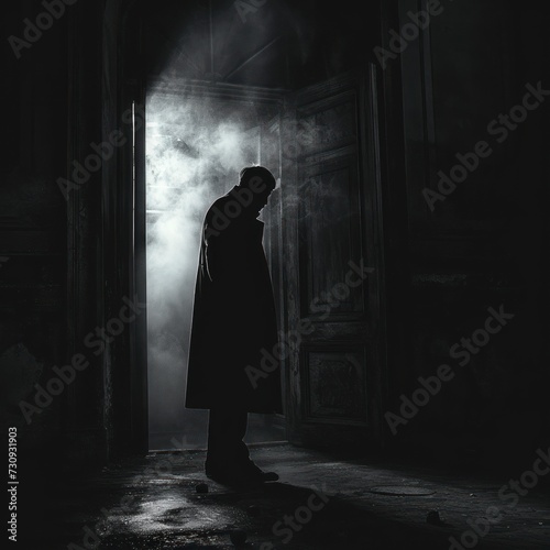 A mysterious person near the door with a tense horror old house atmosphere equipped with smoke and fog effects, great for content, social media, websites, blogs, mysteries. Generative Ai