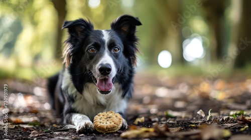 Border Collie enjoying a biscuit, showcasing the intelligence and agility, arranged on a park-inspired scene