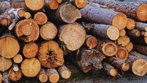 Stack of Cut Tree Trunk Logs Stored Outdoors