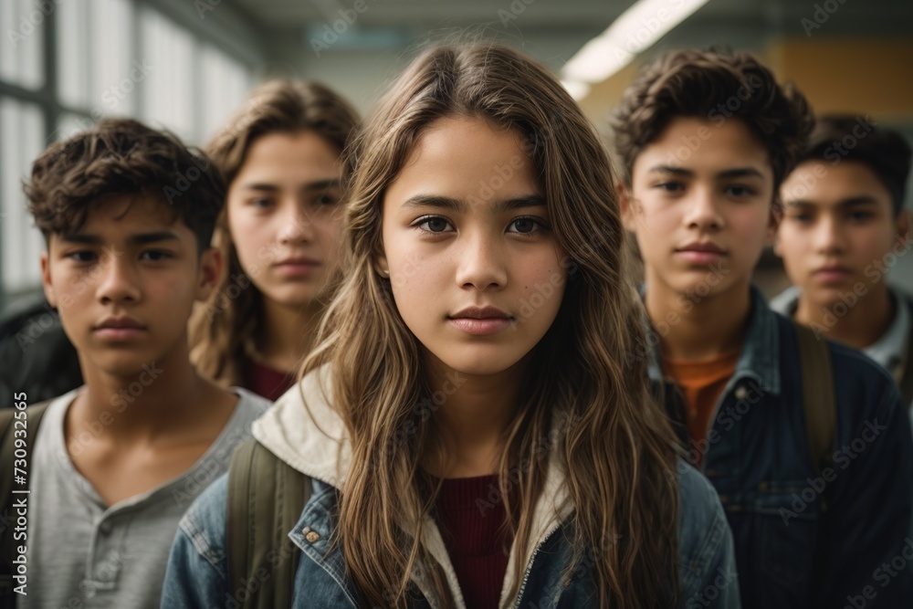 Group portrait of school classmates and friends at school. Back to school. AI generated Group portrait of school classmates and friends at school. Back to school. AI generated