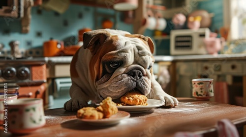 Bulldog relishing a biscuit, capturing the unique wrinkled face and determined expression, arranged on a dollhouse-inspired pet-friendly kitchen scene © Tina
