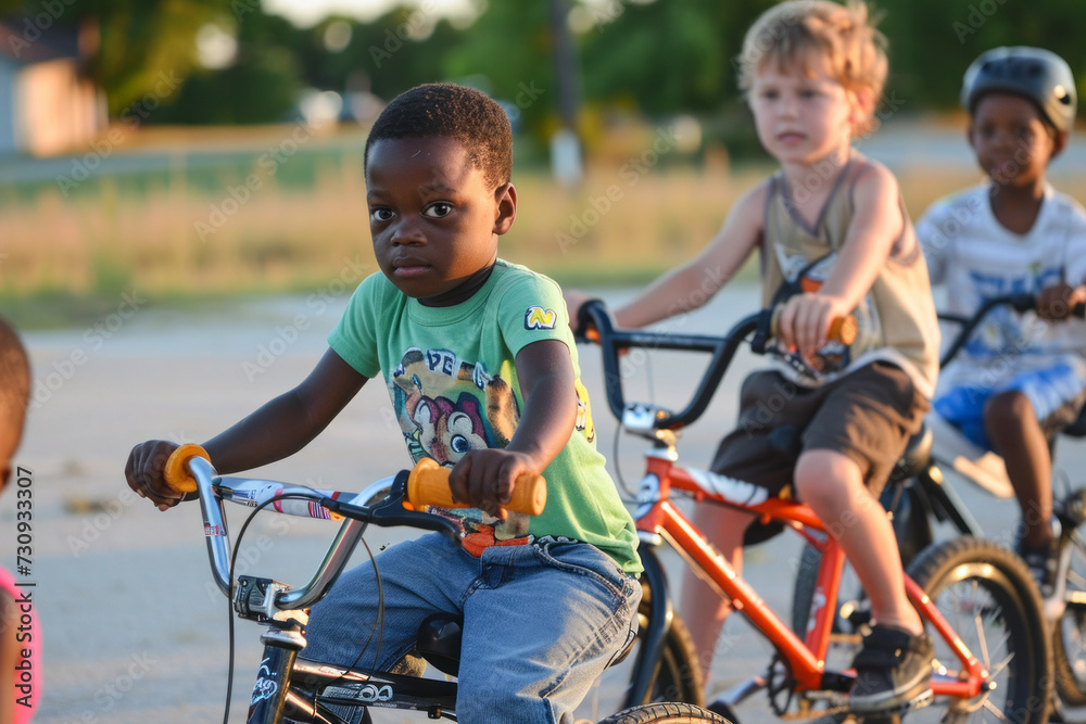Group of Children Riding Bikes Down Street Group of Children Riding Bikes Down Street