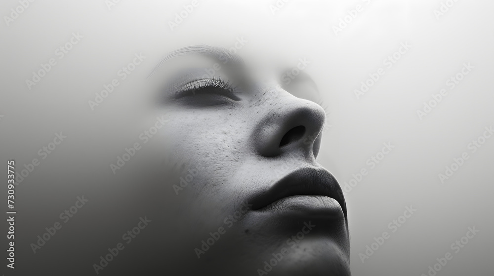 black and white photo of a female face through a layer of fog