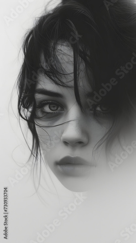 black and white photo of a female face through a layer of fog